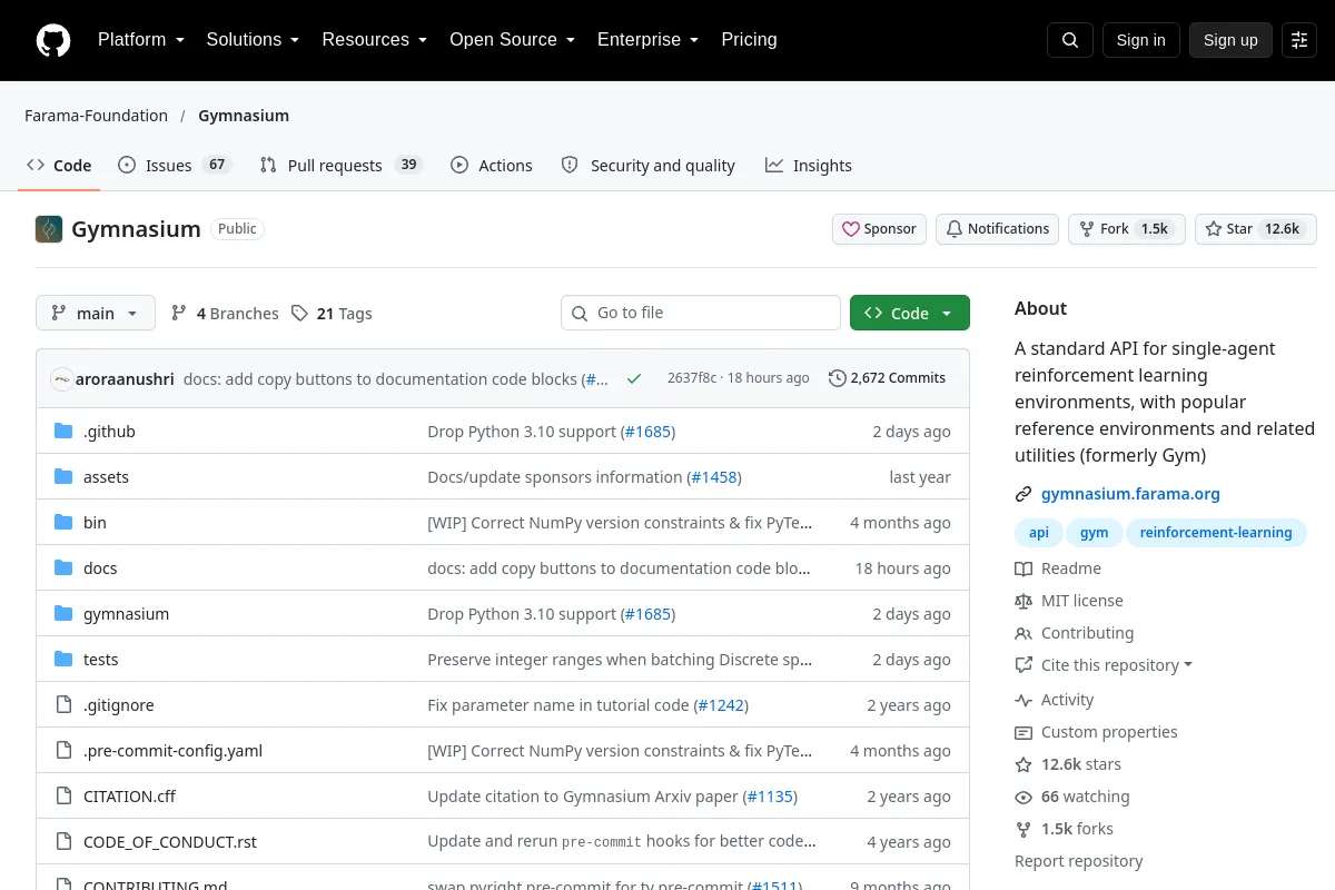 Gymnasium · Farama-Foundation website or repository screenshot