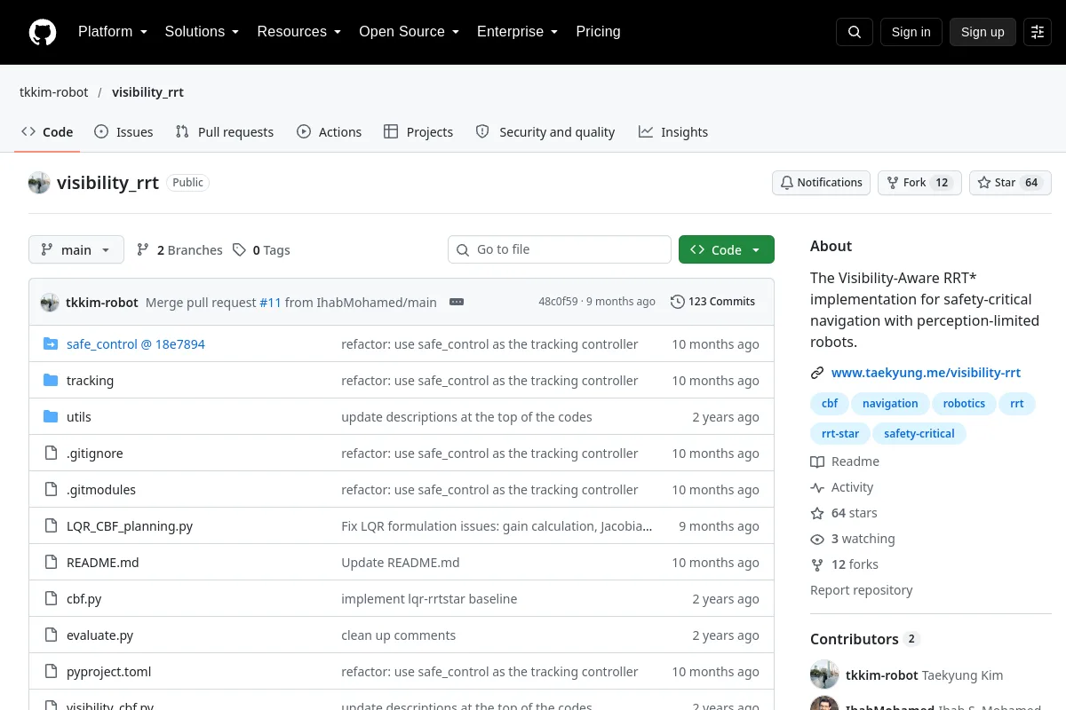 visibility_rrt · tkkim-robot resource page screenshot