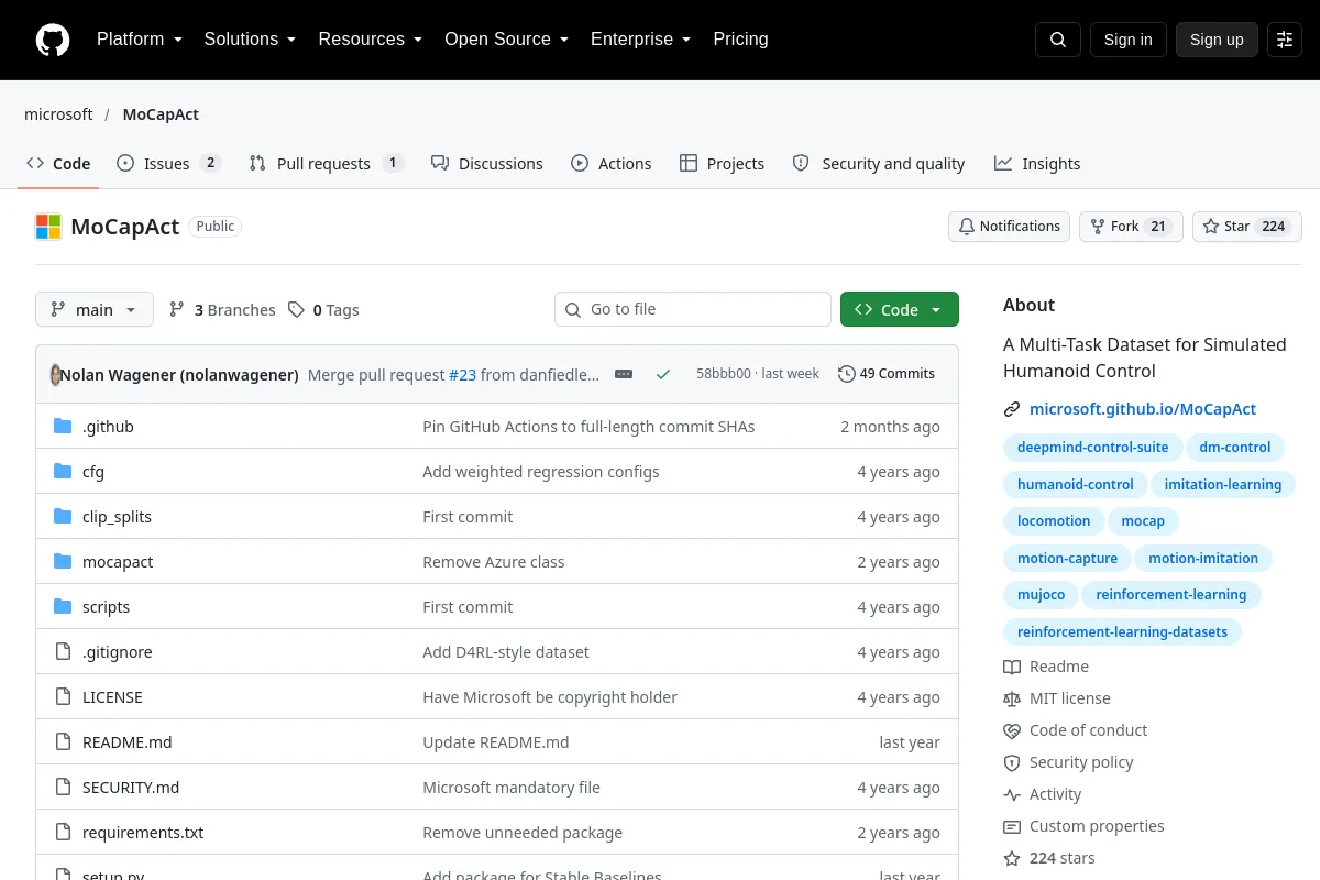 MoCapAct · microsoft resource page screenshot