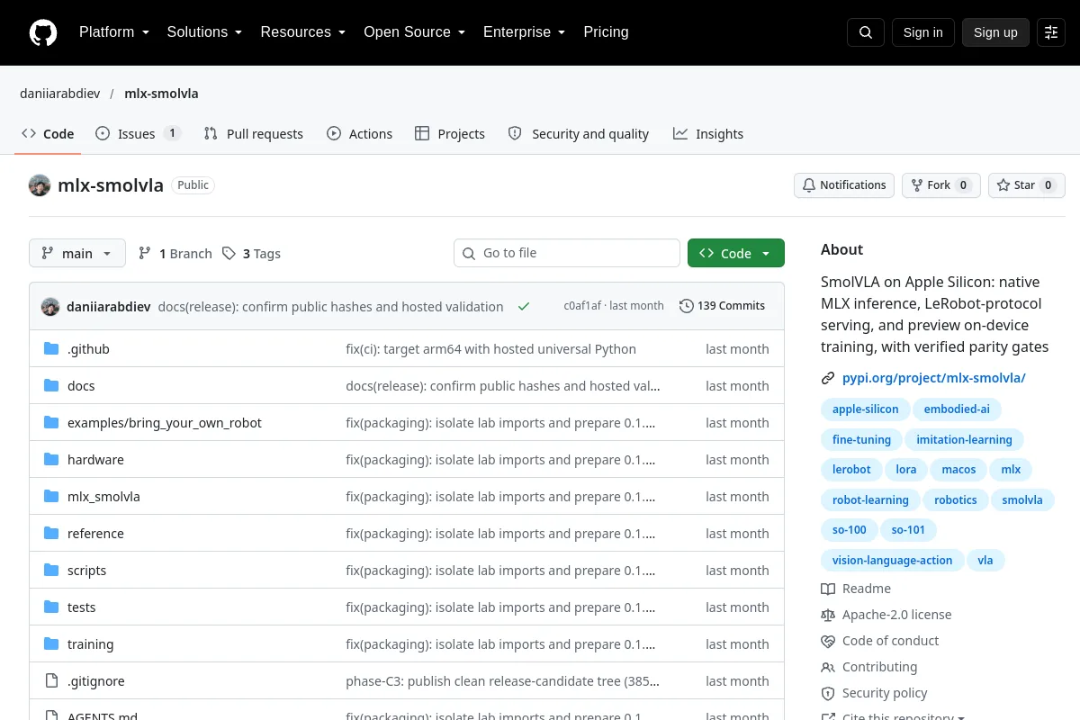 mlx smolvla · daniiarabdiev resource page screenshot