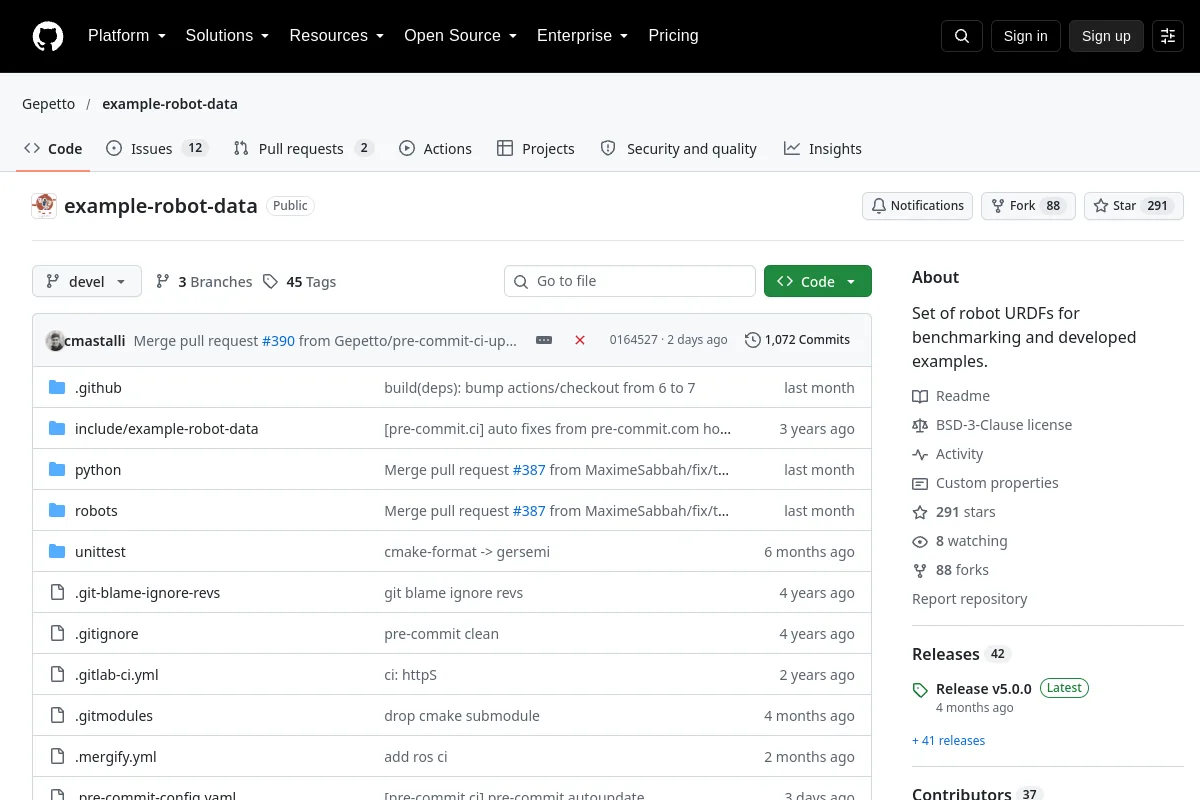 example robot data · Gepetto resource page screenshot